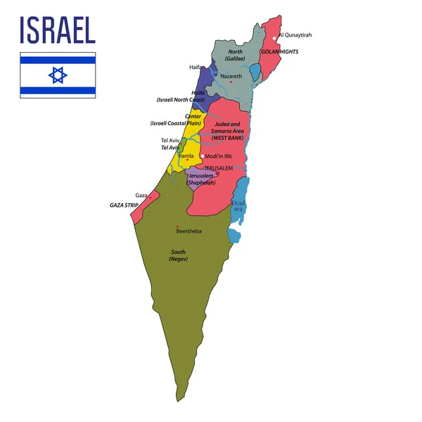 Vettore Altamente Dettagliata Mappa Politica Israele Con Regioni Loro Capitali — Vettoriale Stock