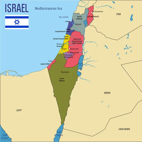 Vector Mycket Detaljerade Politiska Karta Över Israel Med Regioner Och — Stock vektor