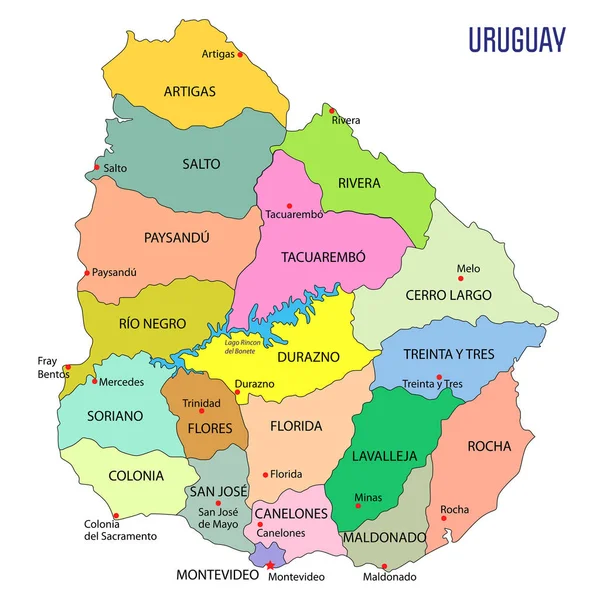 Высокая Детальная Политическая Карта Уругвая Регионами Столицами Векторные Иллюстрации — стоковый вектор