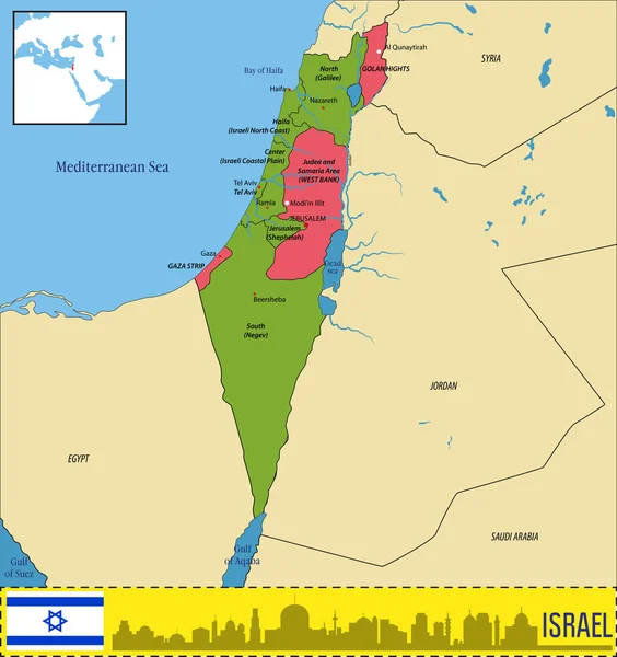 Vettore Altamente Dettagliata Mappa Politica Israele Con Regioni Loro Capitali — Vettoriale Stock