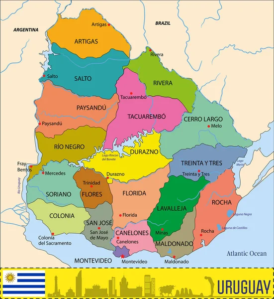 Mapa Político Detalhado Uruguai Com Regiões Suas Capitais Ilustração Vetorial — Vetor de Stock