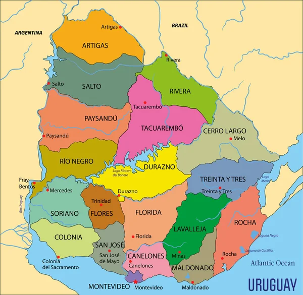 Vysoká Podrobná Politická Mapa Uruguay Regiony Jejich Hlavních Městech Vektorové — Stockový vektor