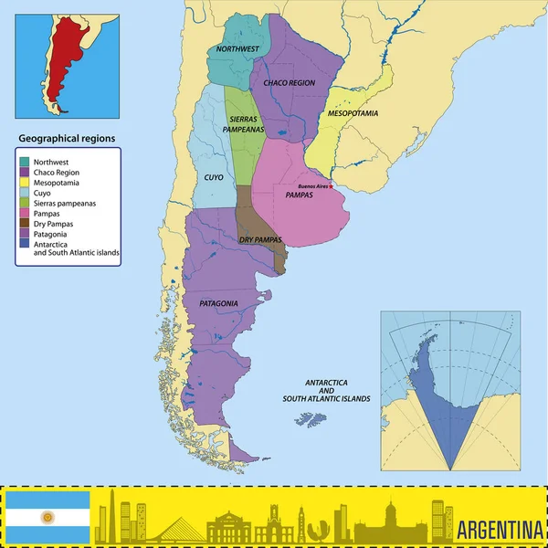 Mapa Vetorial Argentina Com Todas Regiões Geográficas — Vetor de Stock