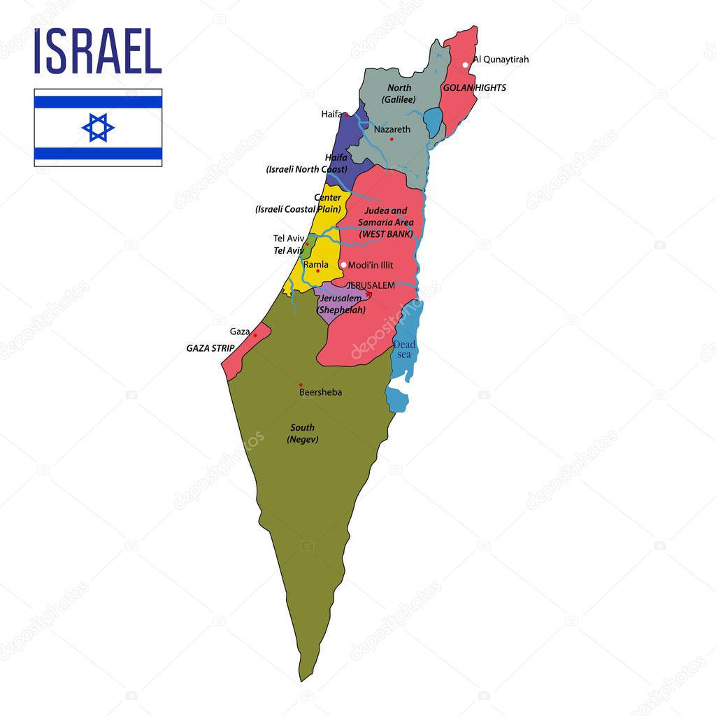 Vector highly detailed political map of Israel with regions and their capitals. All elements are separated in editable layers clearly labeled.EPS 10