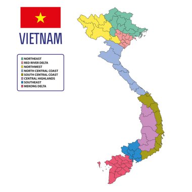 Vektör Vietnam siyasi haritası bölgeler ve onların büyük harf son derece detaylı. Tüm öğeleri açıkça etiketli düzenlenebilir katmanlar halinde ayrılır. EPS 10
