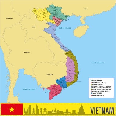 Vektör Vietnam siyasi haritası bölgeler ve onların büyük harf son derece detaylı. Tüm öğeleri açıkça etiketli düzenlenebilir katmanlar halinde ayrılır. EPS 10