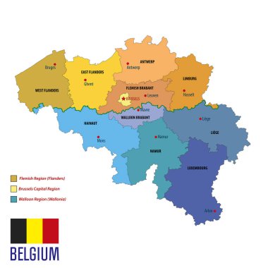 Tüm bölgeler ile siyasi vektör harita Belçika. Tüm katmanları açıkça ayrılmış