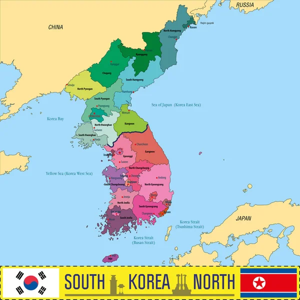 Mapa Vectorial Político Corea Corea Del Sur Corea Del Norte — Archivo Imágenes Vectoriales