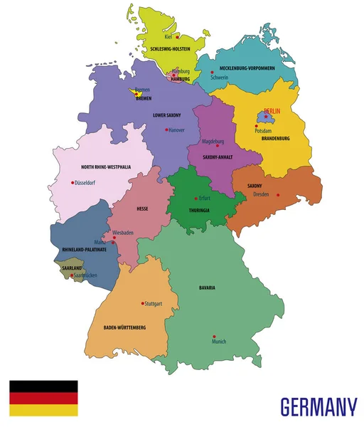 Χάρτη Πολιτικού Φορέα Της Γερμανίας Τις Περιφέρειες Και Τις Πρωτεύουσές — Διανυσματικό Αρχείο