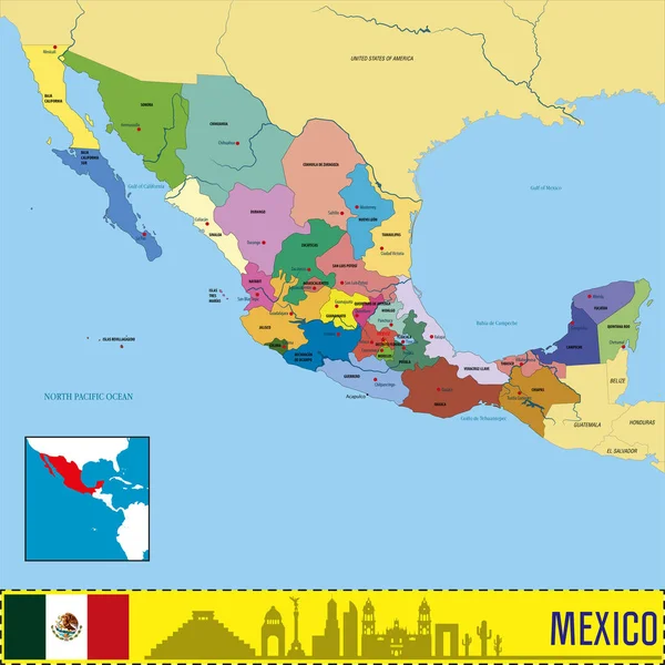 非常に詳細な地域と彼らの首都のメキシコの政治地図をベクトルします すべての要素は編集可能なレイヤーが明確にラベル付けで区切られます Eps — ストックベクタ