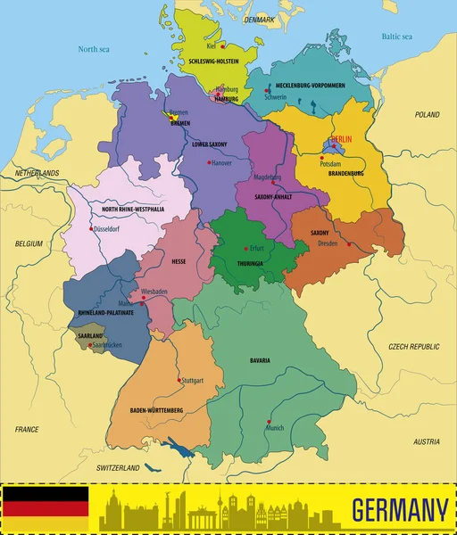 Politieke Vector Kaart Van Duitsland Met Regio Hun Hoofdsteden Alle — Stockvector