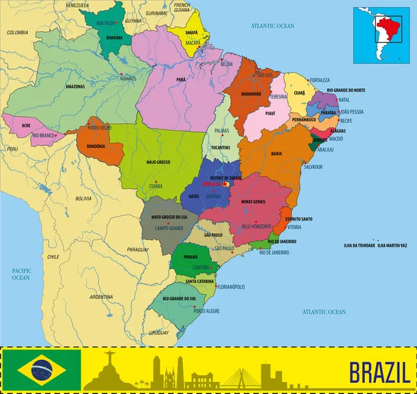 Πολιτικό Χάρτη Της Βραζιλίας Τις Περιφέρειες Και Τις Πρωτεύουσές Τους — Διανυσματικό Αρχείο