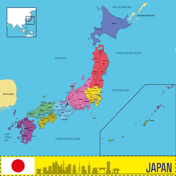 日本の地域と彼らの首都の政治地図 — ストックベクタ