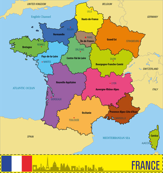 Vector highly detailed political map of France with regions and their capitals. All elements are separated in editable layers clearly labeled. EPS 10