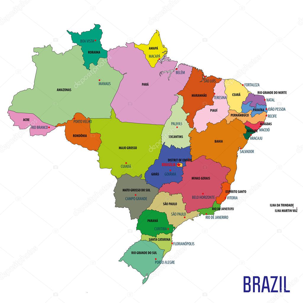 Political map of Brazil with regions and their capitals