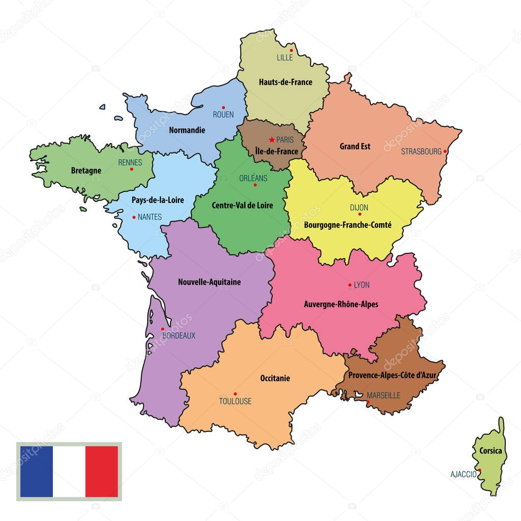 Vector highly detailed political map of France with regions and their capitals. All elements are