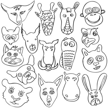 Doğrusal vektör çocuk sevimli hayvanlar illüstrasyon kümesi. 