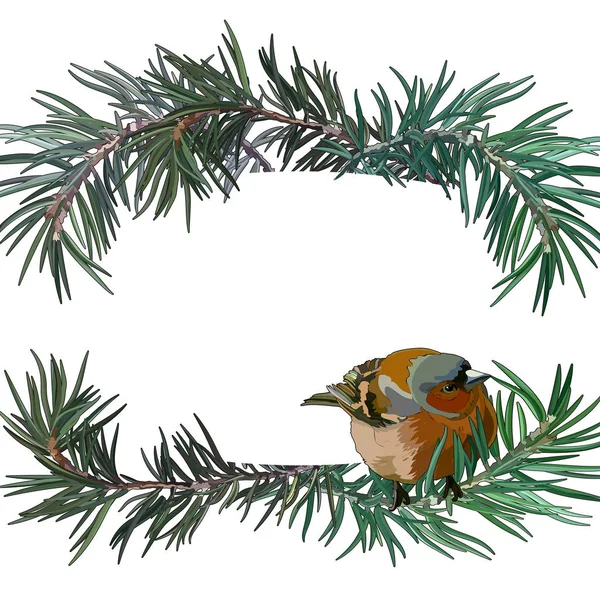 Kart Köknar Ağacı Üzerinde Şakrak Kuşu Ile Kartpostal Yeni Yıl — Stok Vektör