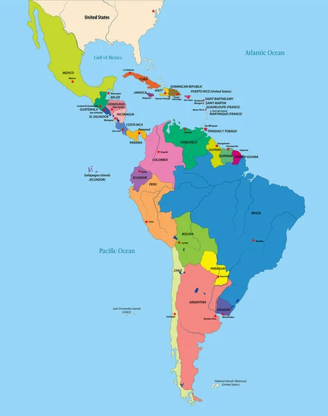 Mapa político vetorial da América Latina —  Vetores de Stock