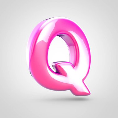 Pembe harf Q büyük harf. Beyaz arka plan üzerinde izole parlak parlak pembe yazı tipi 3D render.
