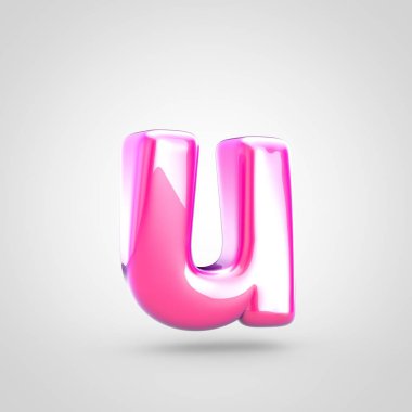 Pembe harf küçük harf U. Beyaz arka plan üzerinde izole parlak parlak pembe yazı tipi 3D render.