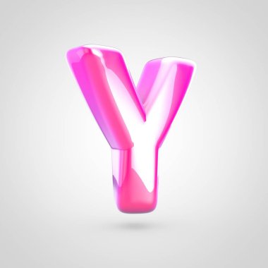 Pembe harf büyük harf Y. Beyaz arka plan üzerinde izole parlak parlak pembe yazı tipi 3D render.