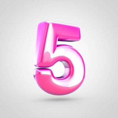 Pembe sayı 5. Beyaz arka plan üzerinde izole parlak parlak pembe yazı tipi 3D render.