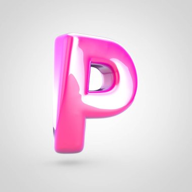Pembe harf P büyük harf. Beyaz arka plan üzerinde izole parlak parlak pembe yazı tipi 3D render.