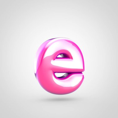 Pembe harf küçük harf E. Beyaz arka plan üzerinde izole parlak parlak pembe yazı tipi 3D render.