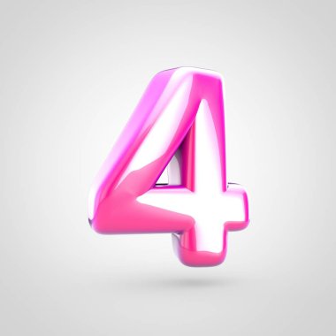 Pembe sayı 4. Beyaz arka plan üzerinde izole parlak parlak pembe yazı tipi 3D render.