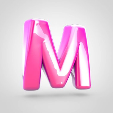 Pembe harf büyük harf M. Beyaz arka plan üzerinde izole parlak parlak pembe yazı tipi 3D render.