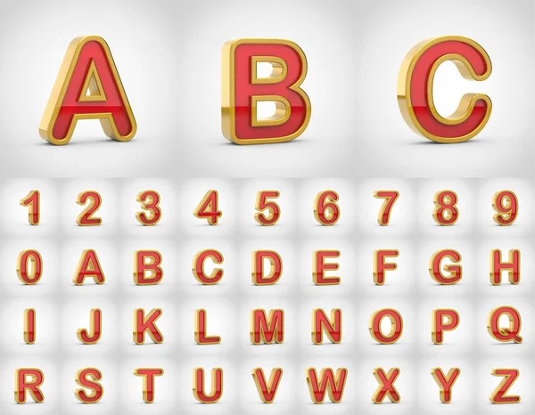 Red with gold alphabet letters uppercase. 3D render of red font with golden outline isolated on white background.