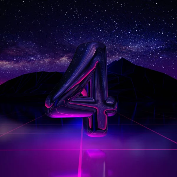 Letter number 4. 3D render font on retro background futuristic landscape 1980s style. Digital landscape in a cyber world with space, mountains and laser grid on terrain.