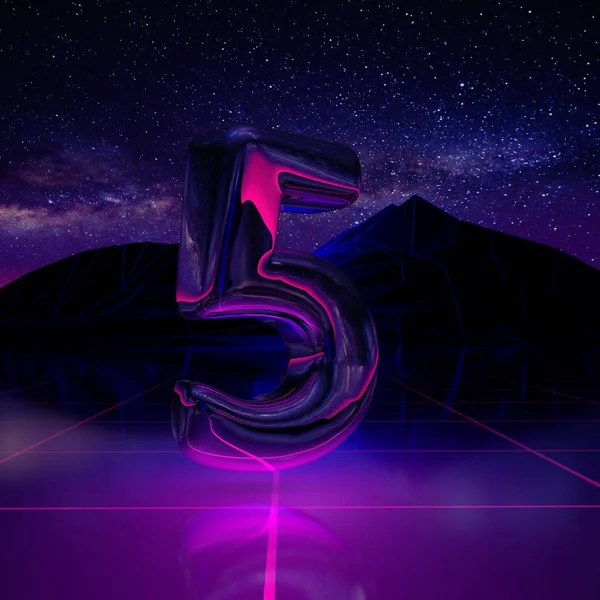 Letter number 5. 3D render font on retro background futuristic landscape 1980s style. Digital landscape in a cyber world with space, mountains and laser grid on terrain.