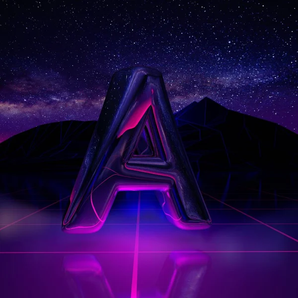 Letter A uppercase. 3D render font on retro background futuristic landscape 1980s style. Digital landscape in a cyber world with space, mountains and laser grid on terrain.