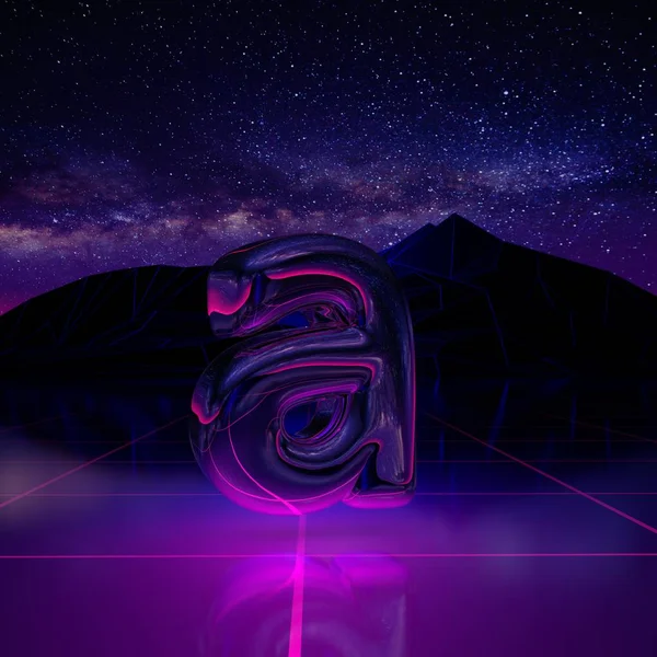 Letter A lowercase. 3D render font on retro background futuristic landscape 1980s style. Digital landscape in a cyber world with space, mountains and laser grid on terrain.