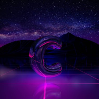 C harfi küçük. retro arka plan fütüristik manzara 1980'lerin tarzı 3D render yazı. Arazide alanı, dağlar ve lazer Izgara'yla bir siber dünyada dijital manzara.