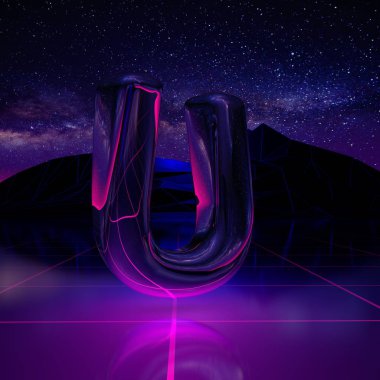 Büyük U harfi. retro arka plan fütüristik manzara 1980'lerin tarzı 3D render yazı. Arazide alanı, dağlar ve lazer Izgara'yla bir siber dünyada dijital manzara.