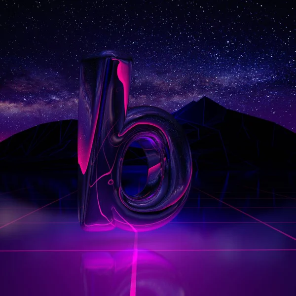 Letter B lowercase. 3D render font on retro background futuristic landscape 1980s style. Digital landscape in a cyber world with space, mountains and laser grid on terrain.