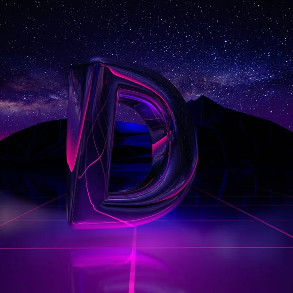 Letter D uppercase. 3D render font on retro background futuristic landscape 1980s style. Digital landscape in a cyber world with space, mountains and laser grid on terrain.