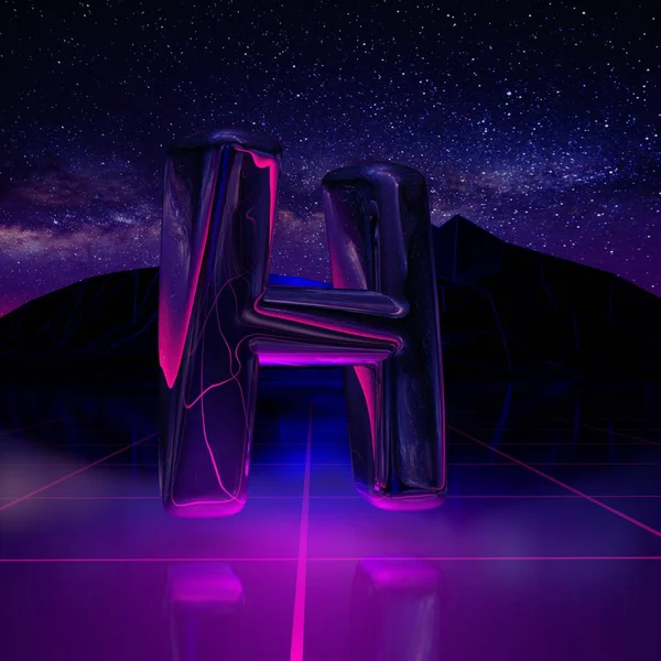 Letter H uppercase. 3D render font on retro background futuristic landscape 1980s style. Digital landscape in a cyber world with space, mountains and laser grid on terrain.