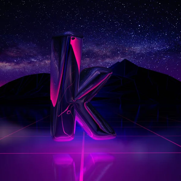 Letter K lowercase. 3D render font on retro background futuristic landscape 1980s style. Digital landscape in a cyber world with space, mountains and laser grid on terrain.