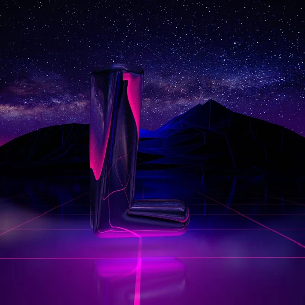 Letter L uppercase. 3D render font on retro background futuristic landscape 1980s style. Digital landscape in a cyber world with space, mountains and laser grid on terrain.