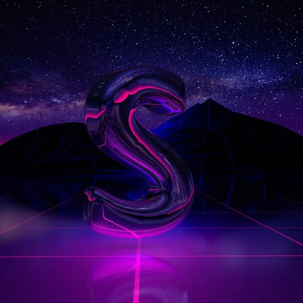 Letter S uppercase. 3D render font on retro background futuristic landscape 1980s style. Digital landscape in a cyber world with space, mountains and laser grid on terrain.