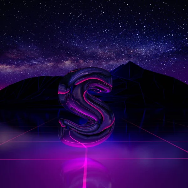 Letter S lowercase. 3D render font on retro background futuristic landscape 1980s style. Digital landscape in a cyber world with space, mountains and laser grid on terrain.