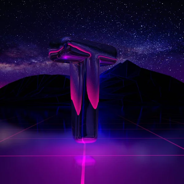 Letter T uppercase. 3D render font on retro background futuristic landscape 1980s style. Digital landscape in a cyber world with space, mountains and laser grid on terrain.