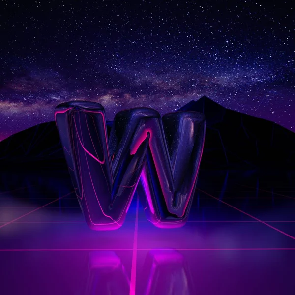 Letter W lowercase. 3D render font on retro background futuristic landscape 1980s style. Digital landscape in a cyber world with space, mountains and laser grid on terrain.