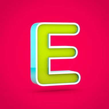 Sulu harf E büyük harf. 3D render renkli kireç ve sıcak pembe izole mavi yazı tipi.