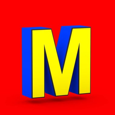 Süper kahraman harf büyük harf M. kırmızı zemin üzerine izole stilize retro mavi ve sarı yazı tipinin 3D render.