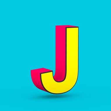 Üzerinde mavi arka plan izole süper kahraman kırmızı ve sarı J harfi büyük harf.